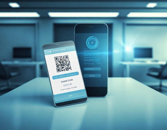 Smartphone displaying digital background check certificate with scannable barcode being verified in professional setting