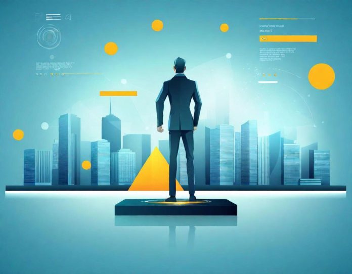 Conceptual illustration showing the balance between technological innovation and regulatory frameworks in a futuristic city setting