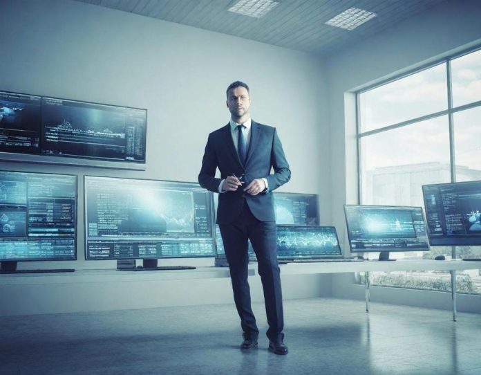 Business professional analyzing workforce data and AI integration trends in modern office setting