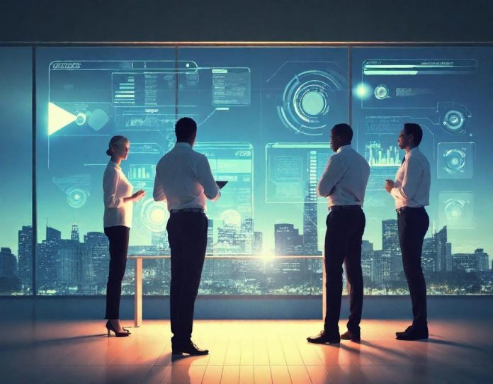 Team of professionals collaborating with digital workflow interface in modern office setting