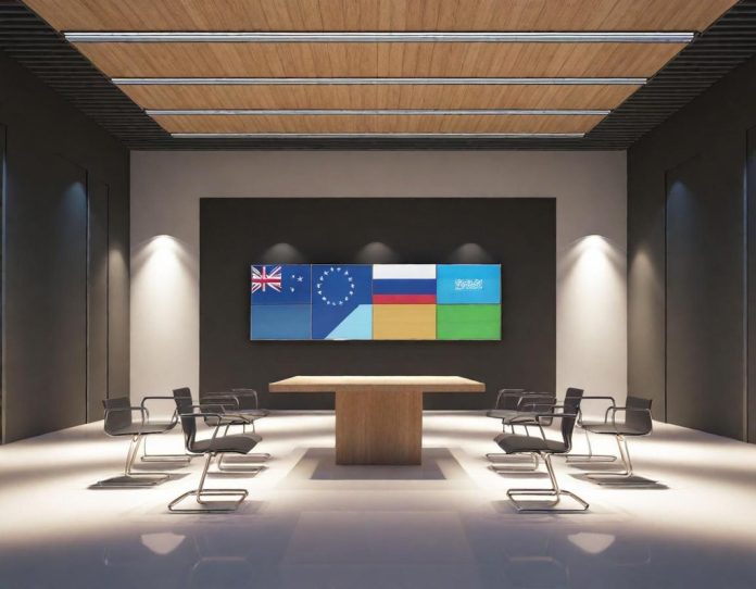 International leaders discussing technology trends at a global economic forum