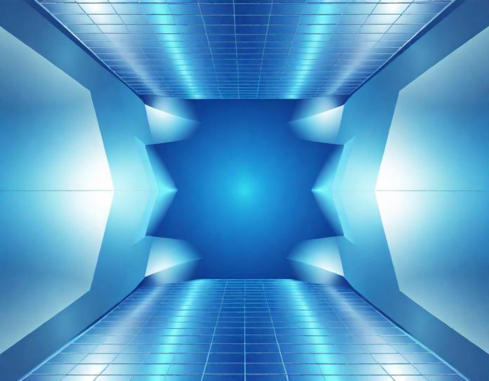 Abstract visualization of interconnected digital networks forming physical structures in a tech environment