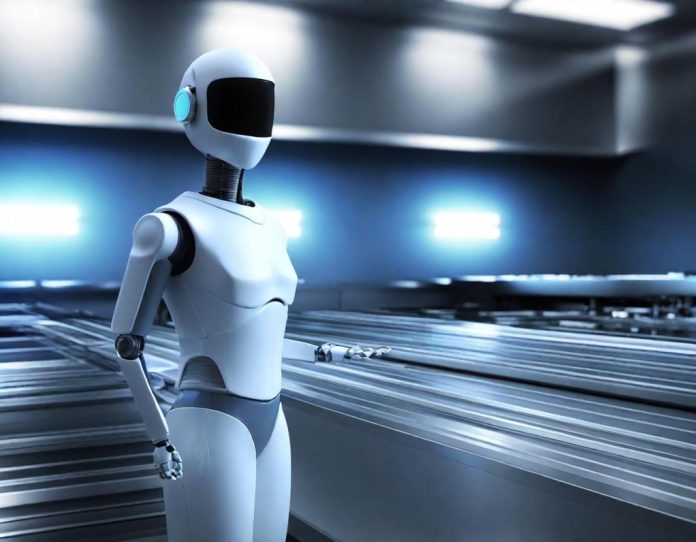 Humanoid robot performing inspection tasks in modern manufacturing facility