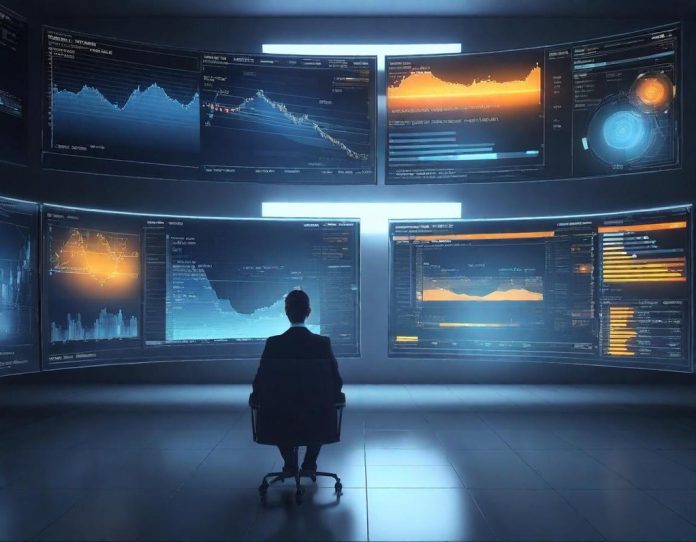 Professional analyzing artificial intelligence data visualization on digital screens in modern office environment