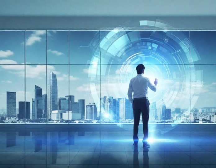 Business professional interacting with advanced digital interface in modern office environment