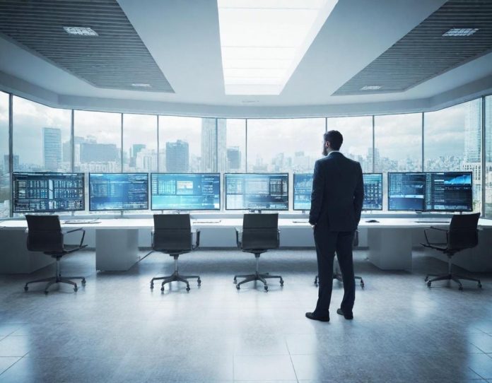 Manufacturing professionals analyzing real-time operational and financial data in a modern control room