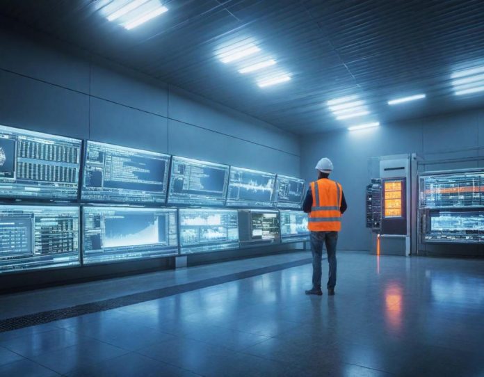 Industrial engineer monitoring real-time production and financial data on digital displays in modern manufacturing facility