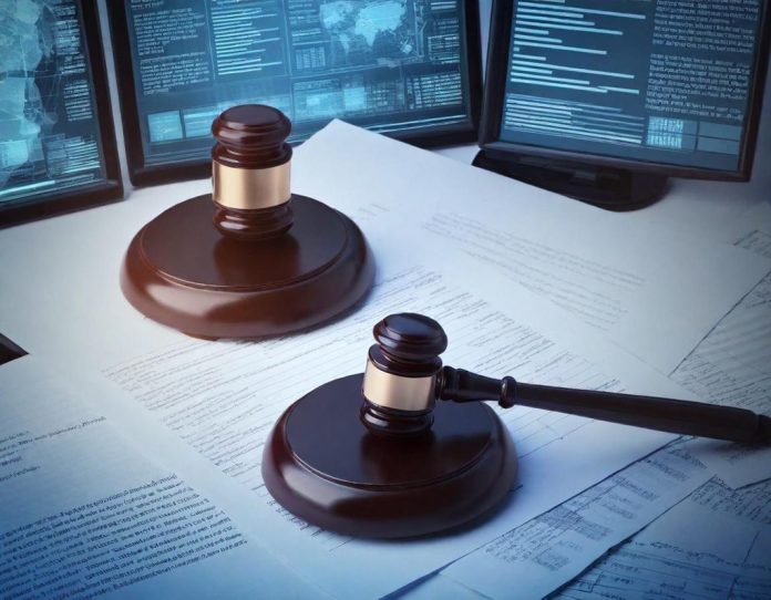Courtroom gavel on legal documents with AI technology visuals in background representing legal challenges in artificial intelligence regulation