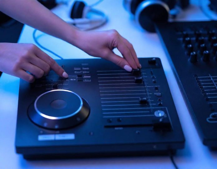 Compact electronic music synthesizer with multiple control knobs and display in a studio environment