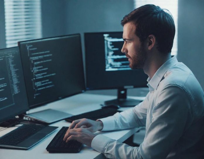 Developer working with AI-generated code interface in modern office setting