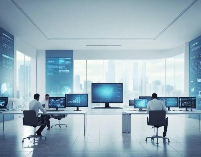 Business professionals working with advanced digital interfaces in a modern office environment