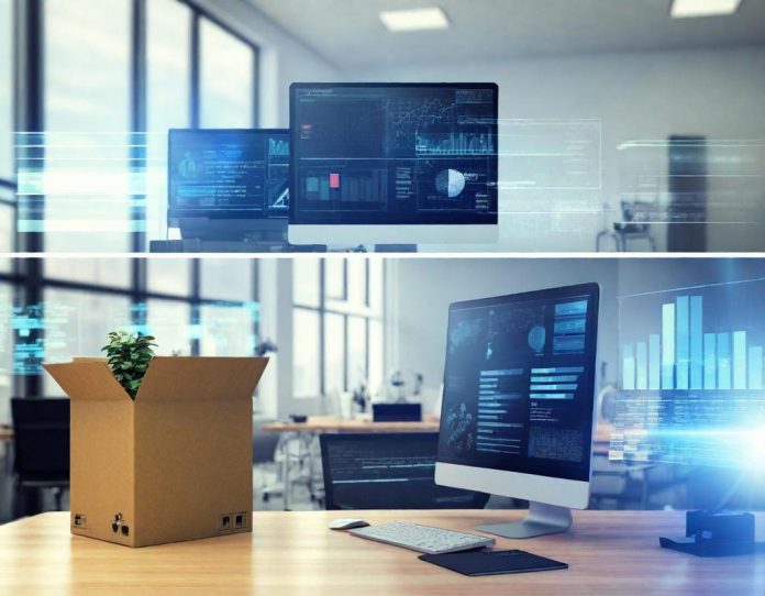 Contrasting workplace transformation showing empty office spaces alongside digital investment growth charts