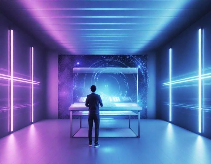 Person using AI-powered music creation software with visual interface showing musical notes and digital waveforms