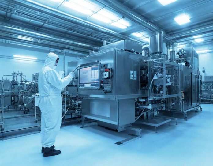 Semiconductor manufacturing clean room with technician inspecting fabrication equipment