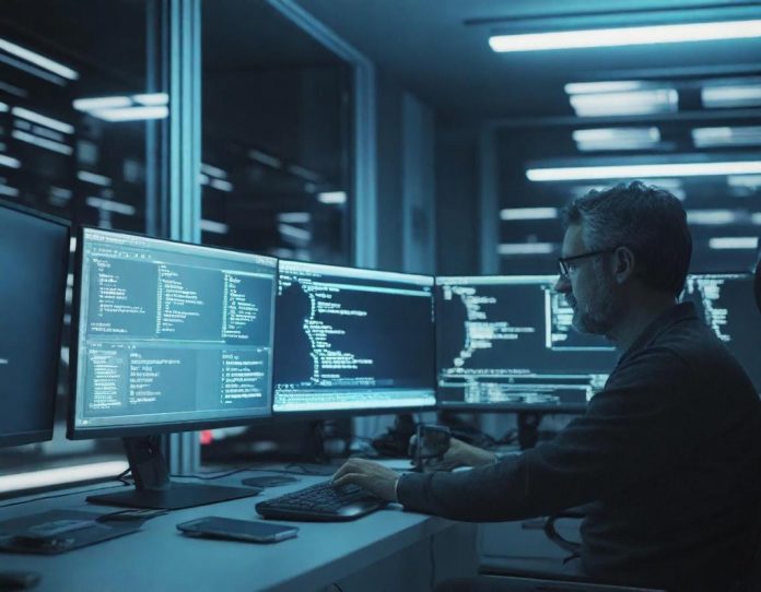 Developer using multiple monitors to access coding tools and AI assistants in a modern workspace