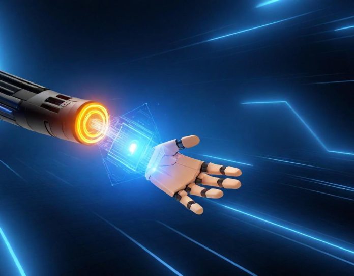Robotic hand opening a digital lock with glowing circuits in a futuristic cyberspace environment