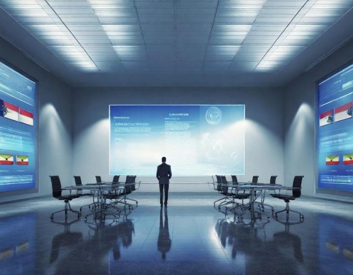 International technology regulators discussing policy frameworks in a modern conference setting