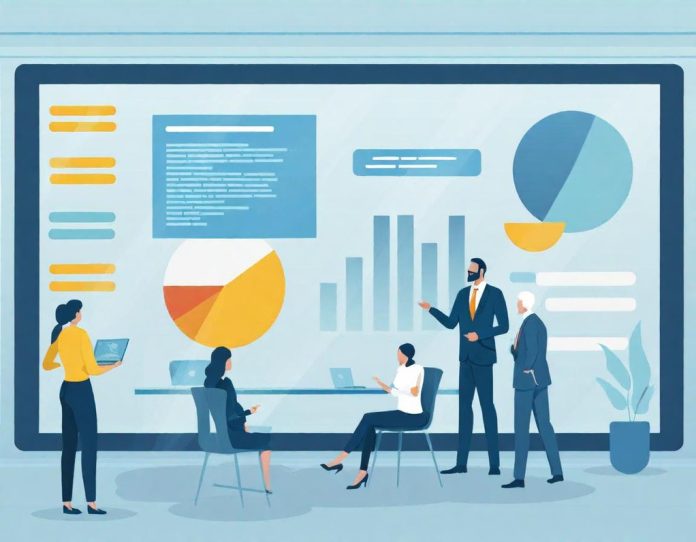 Team of professionals engaged in a strategic meeting about technology adoption in a contemporary office