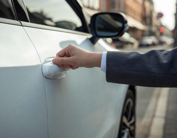 Close-up view of a modern electric vehicle door with retracted handle, showing both electronic and potential mechanical access points