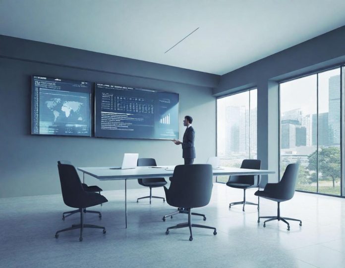 Corporate executives analyzing business growth data and AI implementation strategies in modern boardroom