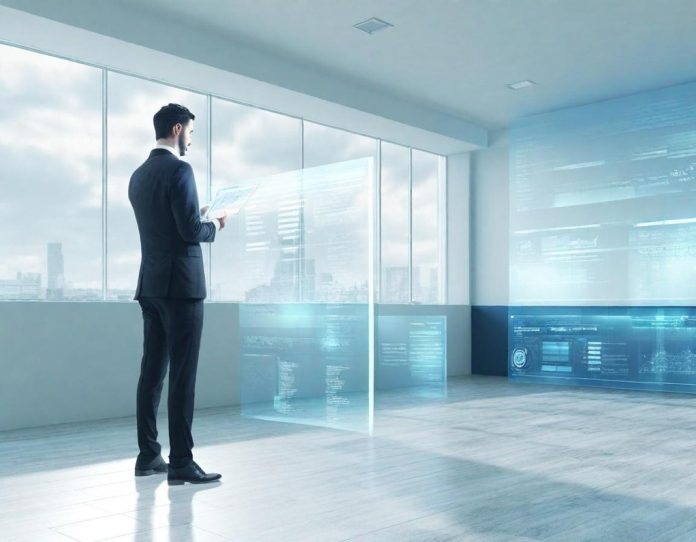 Professional collaborating with advanced digital interfaces in modern office environment