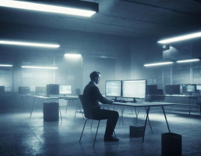 Empty newsroom workspace with personal belongings being packed into moving boxes