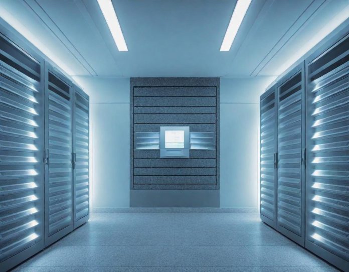 A split image showing a central bank building and a corridor of servers in a data center