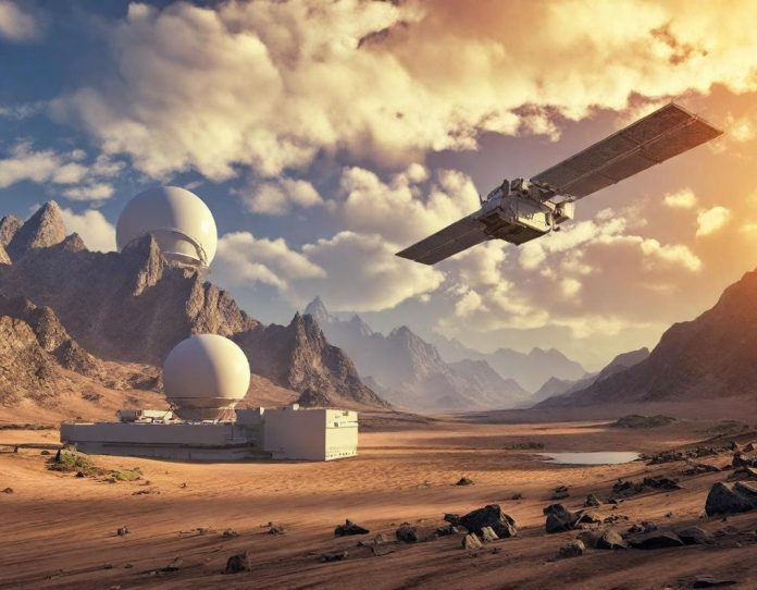 Satellite communication terminal in strategic environment representing modern digital infrastructure