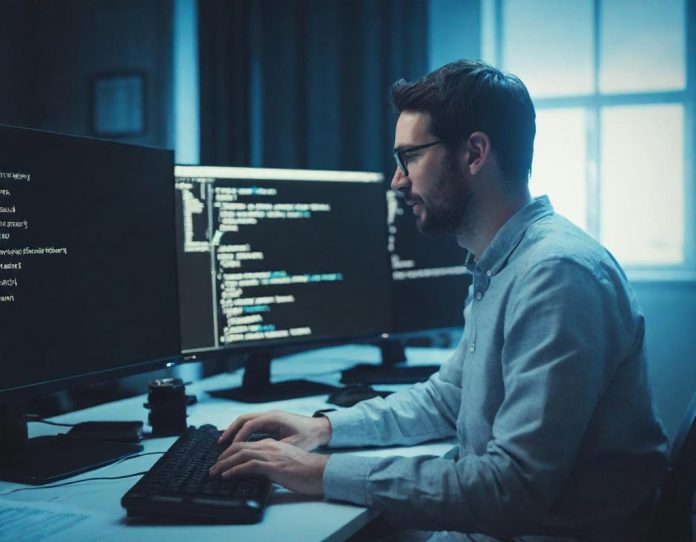 Developer collaborating with AI coding assistant in modern office environment