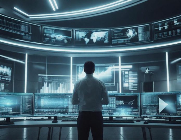 Business professional analyzing productivity metrics on digital dashboard in modern office environment