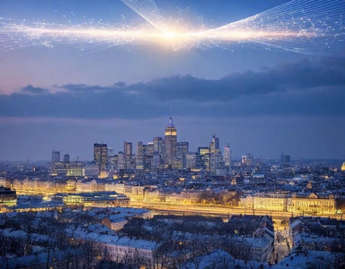 European financial district showing investment flows between modern buildings with digital connections