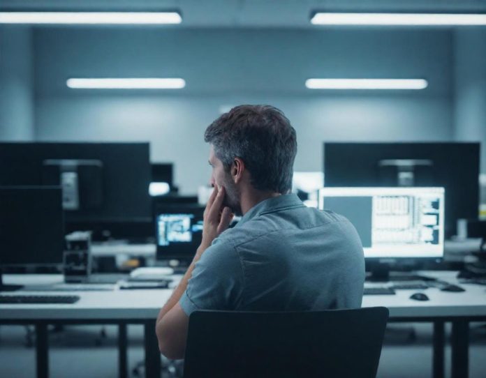 Professional working late in empty modern office with multiple computer screens showing data visualizations