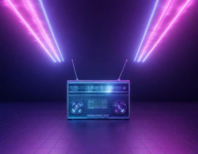 Vintage radio emitting digital sound waves representing AI-generated music transformation