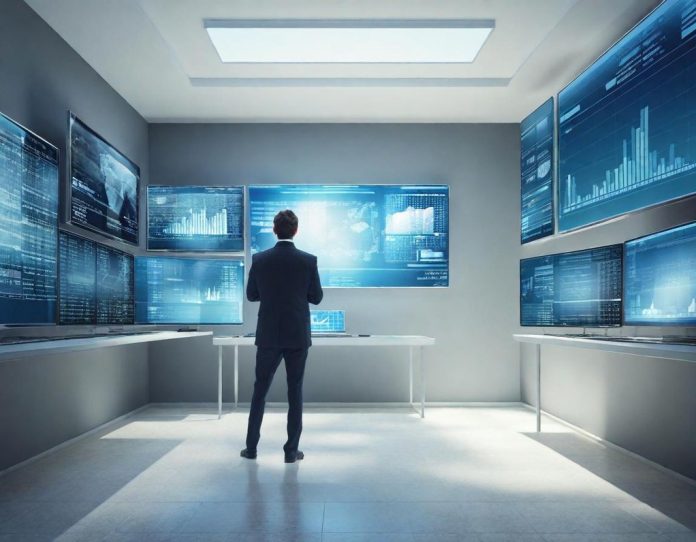 Financial professional analyzing data visualizations in modern office environment