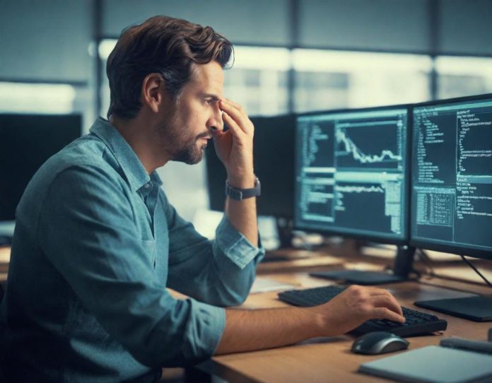 Professional experiencing work fatigue while managing multiple digital interfaces