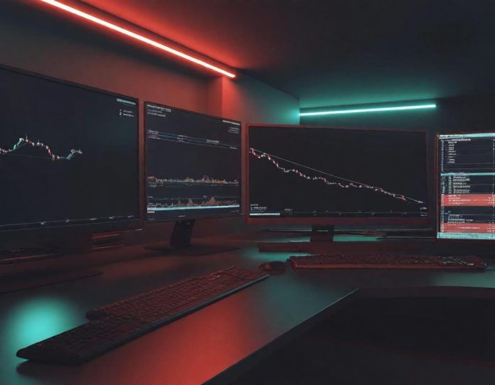 Empty trading desk with multiple screens displaying red downward graphs, illustrating investor sell-offs driven by automation disruption fears and uncertainty in commercial real estate demand.