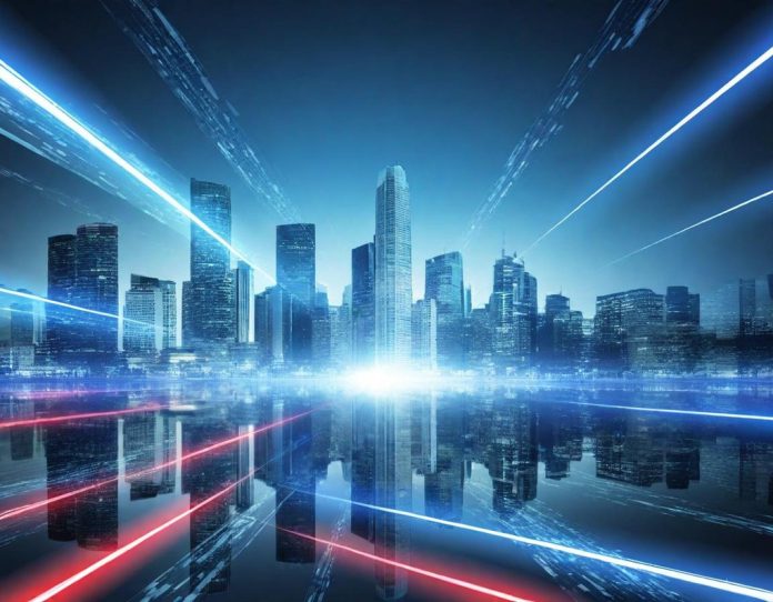 Financial district skyline with digital disruption waves affecting traditional buildings and falling stock market data visualizations