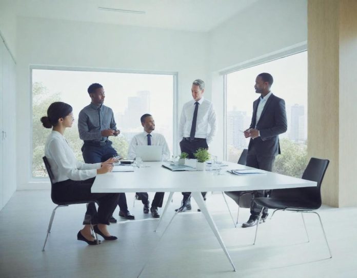 Young professionals collaborating in a modern office environment with digital displays