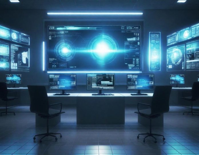 Futuristic network control center with holographic displays showing autonomous AI management systems