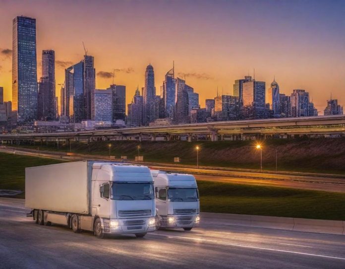 Modern logistics hub with trucks and digital displays showing market data at dusk