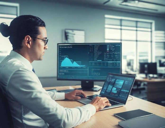 Professional analyzing workplace data showing the dual impact of technology on efficiency and well-being