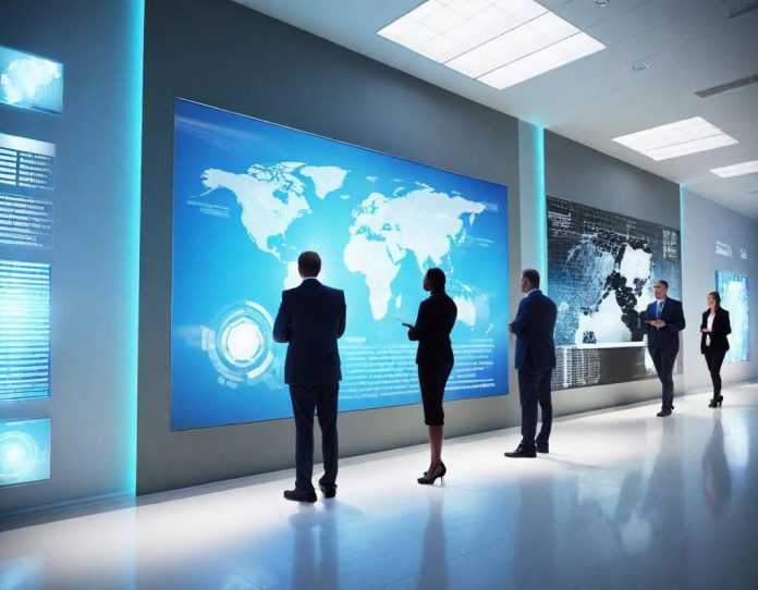 International delegates collaborating at technology summit with global connectivity visualizations