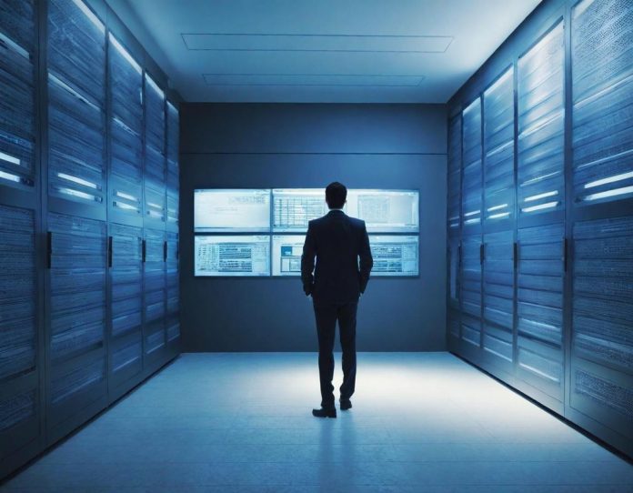 Control room monitoring data center infrastructure with energy efficiency metrics displayed