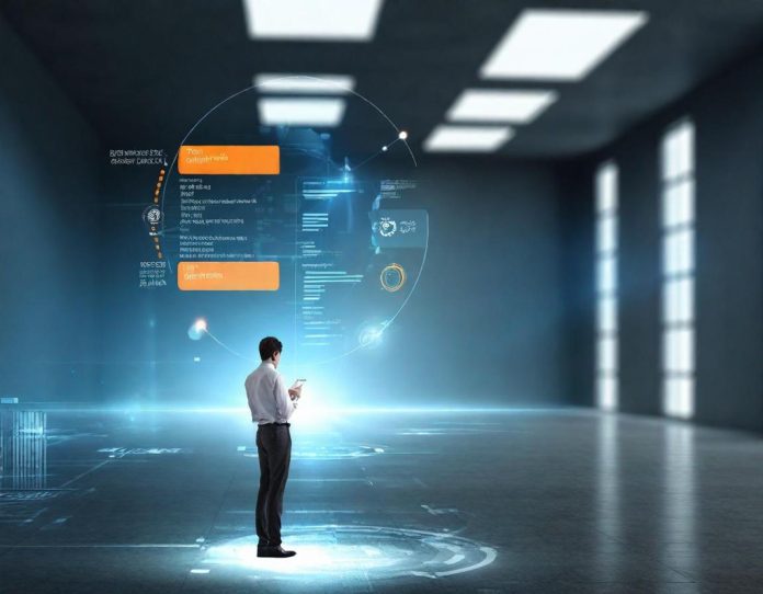 Business professional using AI-powered coding platform on mobile device in modern workspace