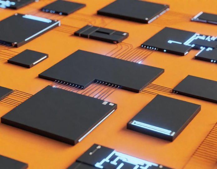 Multiple small computing devices interconnected on a workspace, representing distributed AI processing