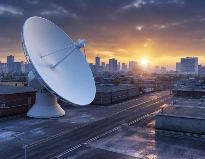 Satellite communication infrastructure representing digital network control and surveillance systems