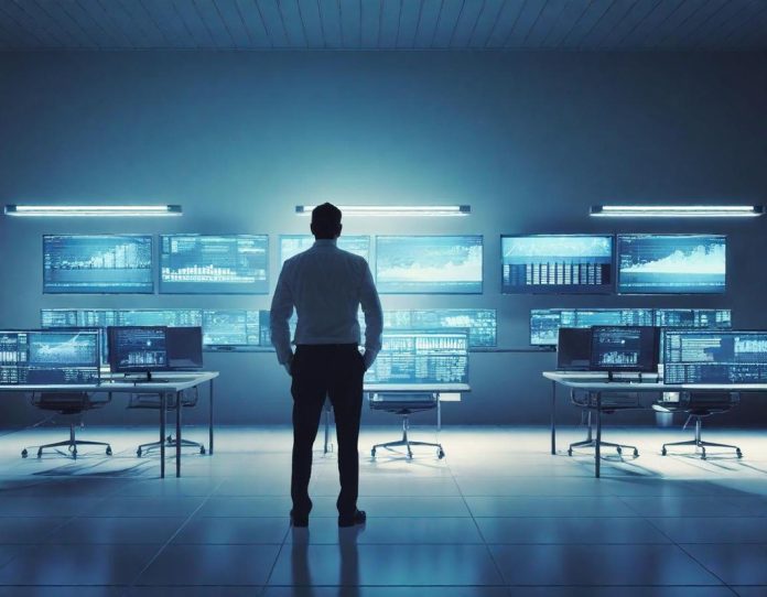 Financial analyst reviewing market data and software valuation charts in modern office environment