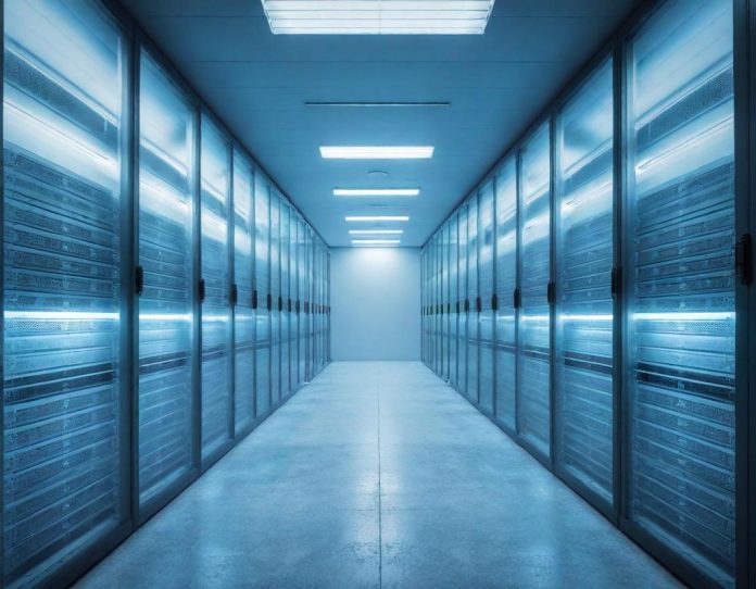 Modern data center infrastructure with server racks and monitoring displays representing AI capacity building