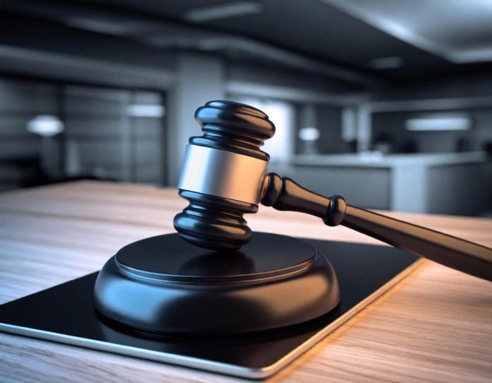 A gavel on a tablet showing data networks, symbolizing legal enforcement of digital transparency