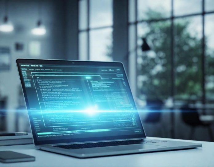 Modern laptop displaying advanced computing visualizations with circuit patterns